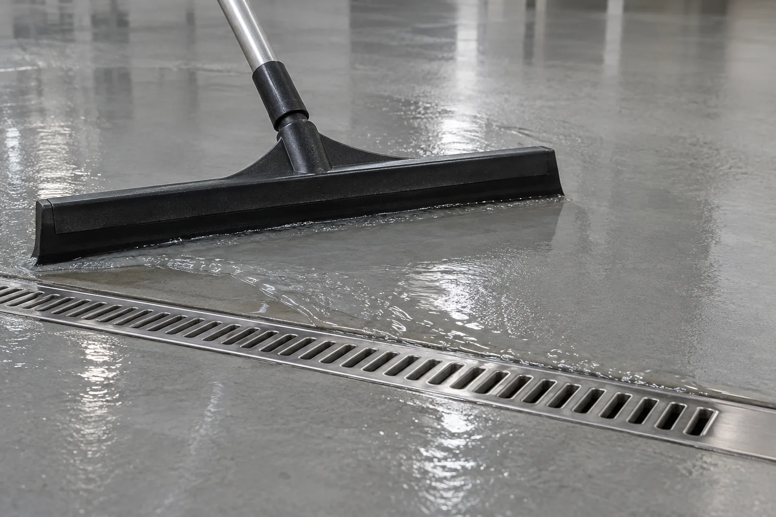 Squeegee moving water toward a flush floor drain — illustration