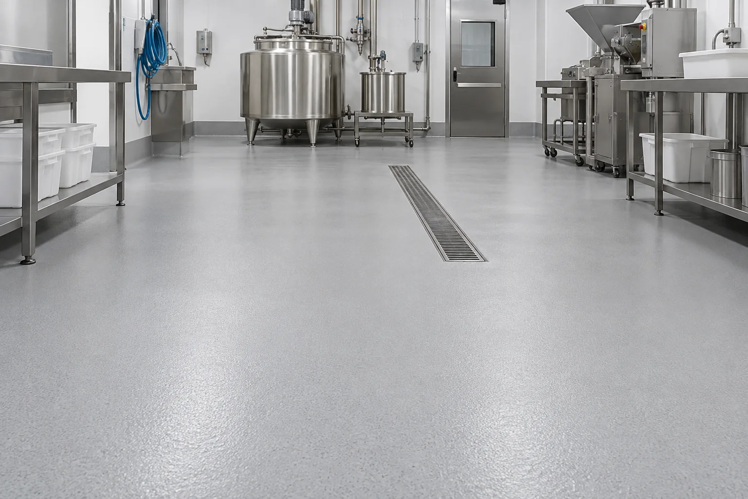 Textured resin floor and drainage in a food processing room — illustration