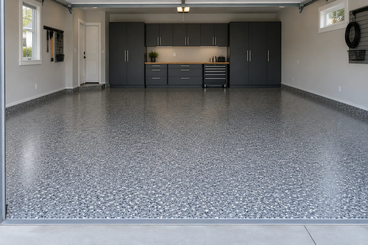 Grey flake epoxy floor in a two-car garage with charcoal cabinets — illustration