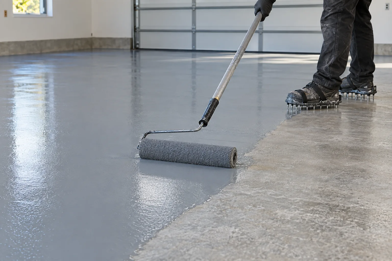 Roller applying a grey floor coating beside spiked overshoes — illustration