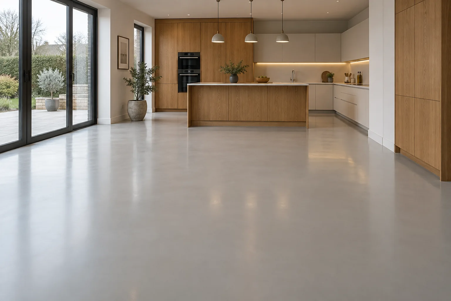 Seamless light-grey floor in an oak and white kitchen — illustration