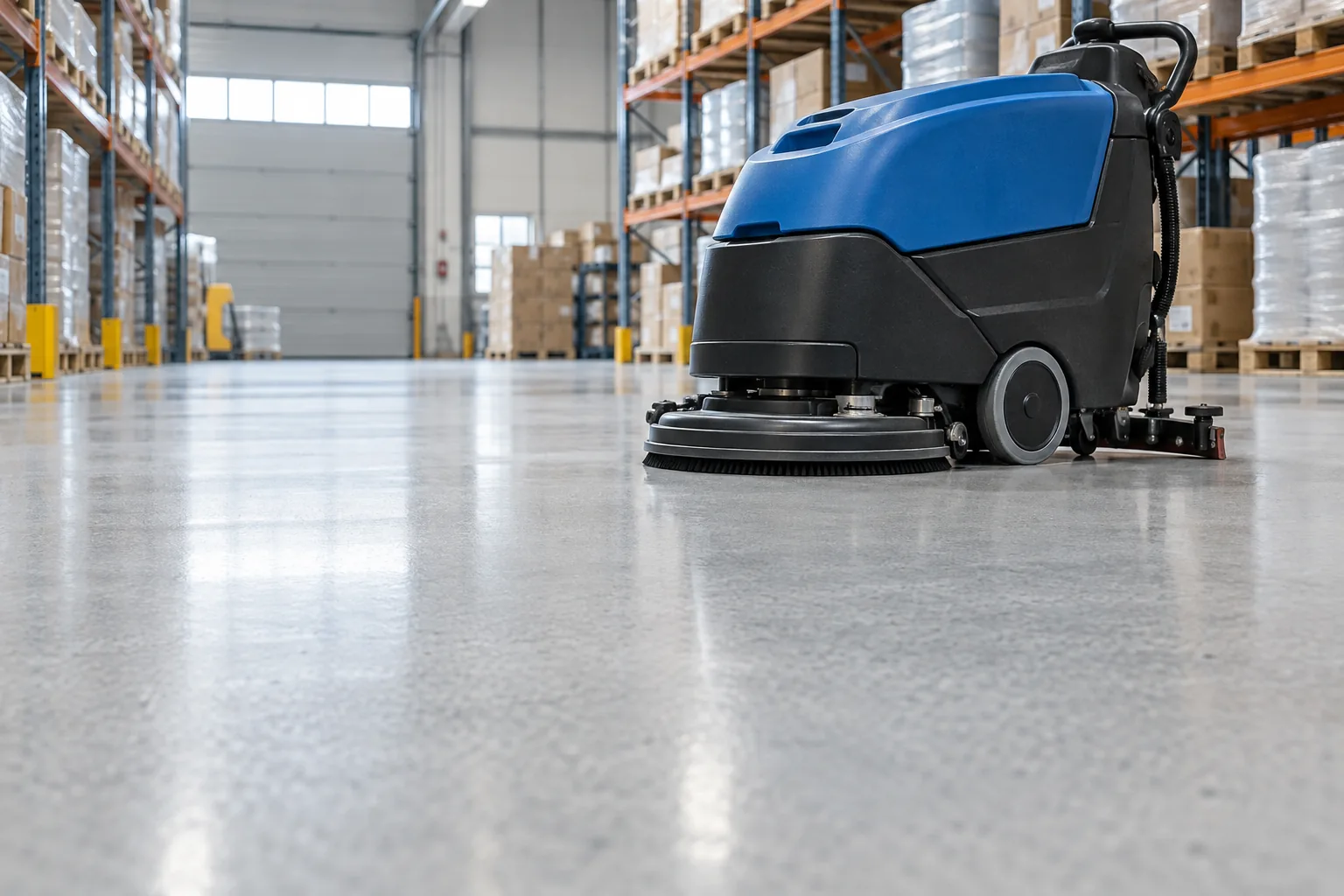 Scrubber dryer on a smooth warehouse floor — illustration