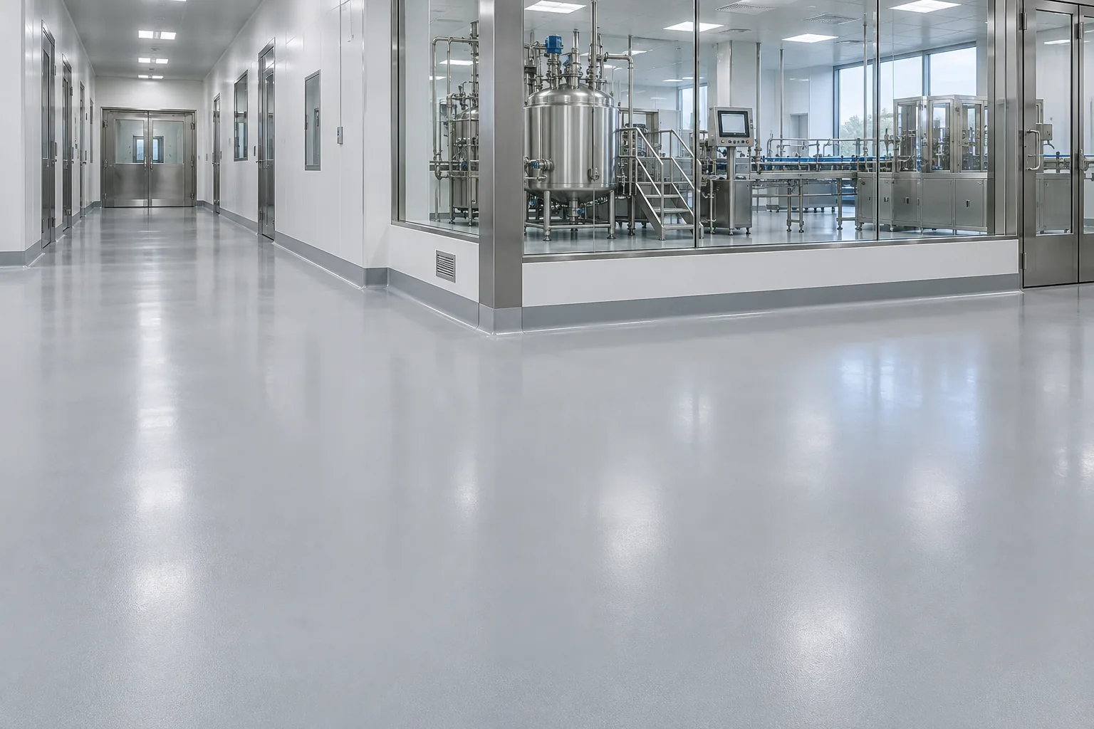 Seamless grey floor in a pharmaceutical cleanroom corridor — illustration