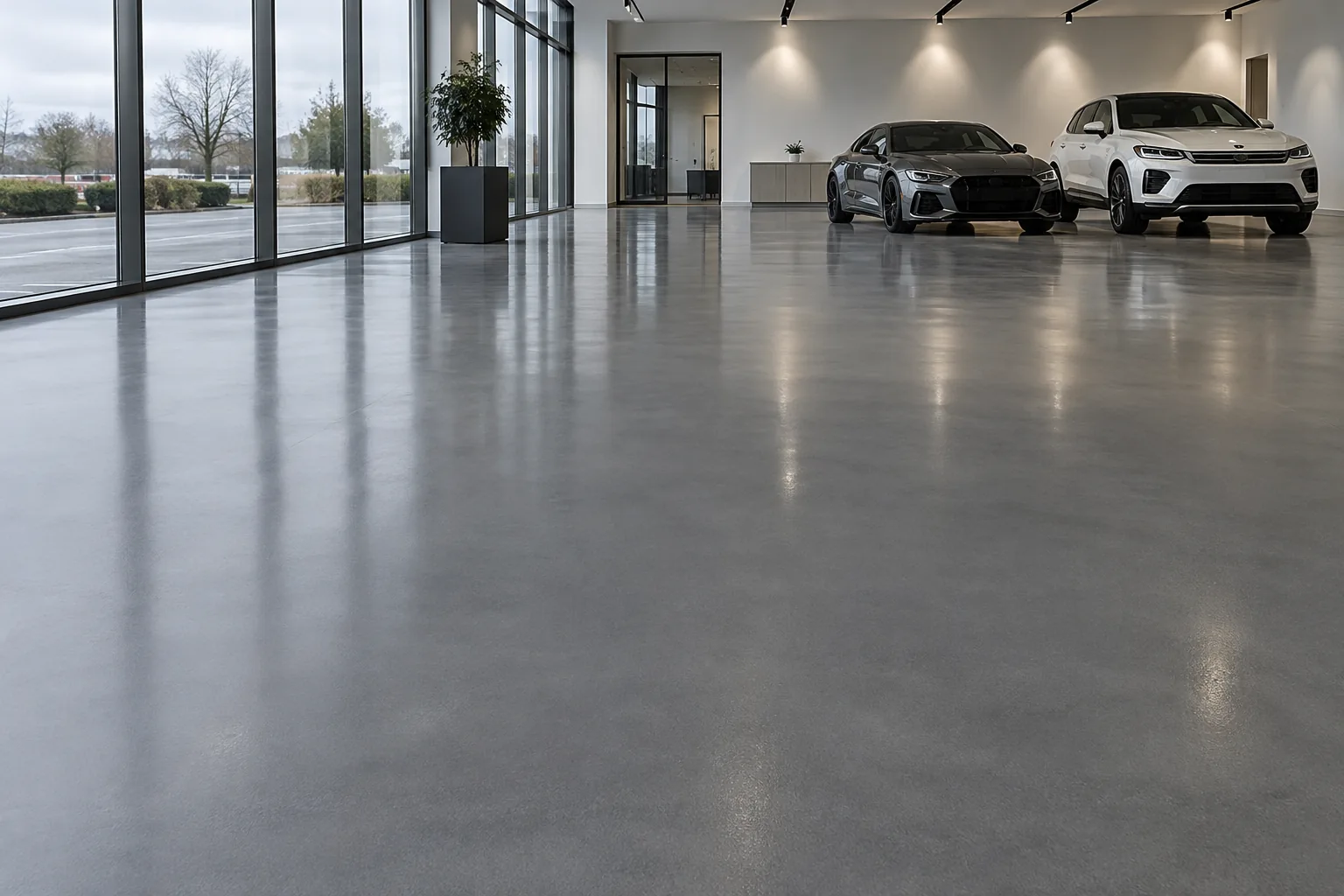 Graphite-grey epoxy showroom floor with cars along the far wall — illustration