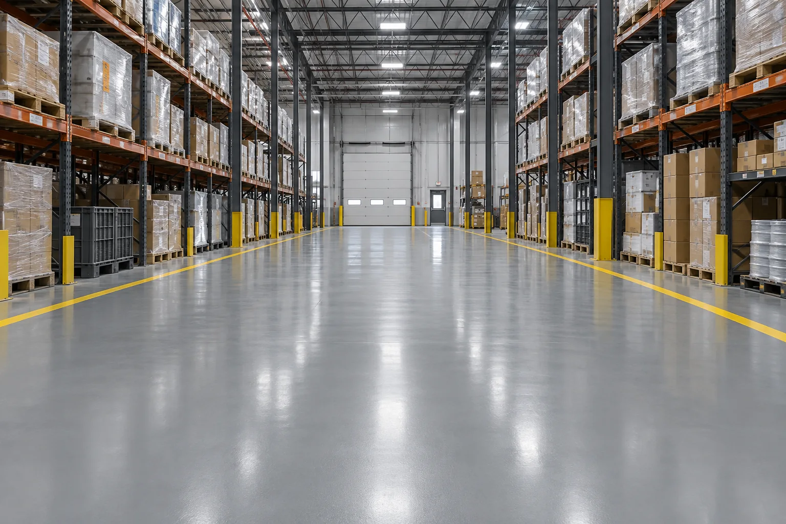 Grey epoxy warehouse floor with clearly marked yellow aisles — illustration